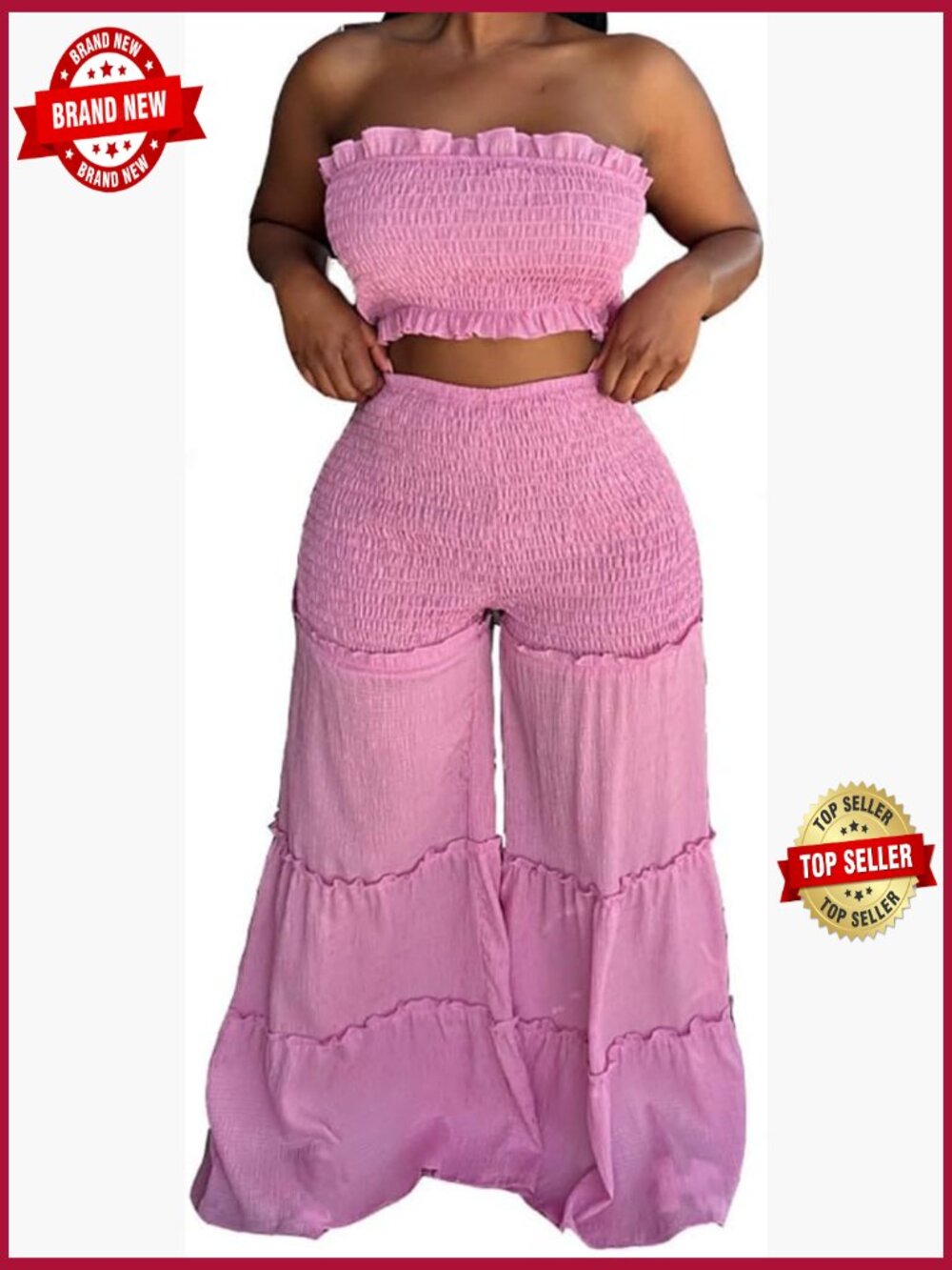 Sexy 2 Piece Outfits Sleeveless Tube Crop Top Wide Leg Pant Set
